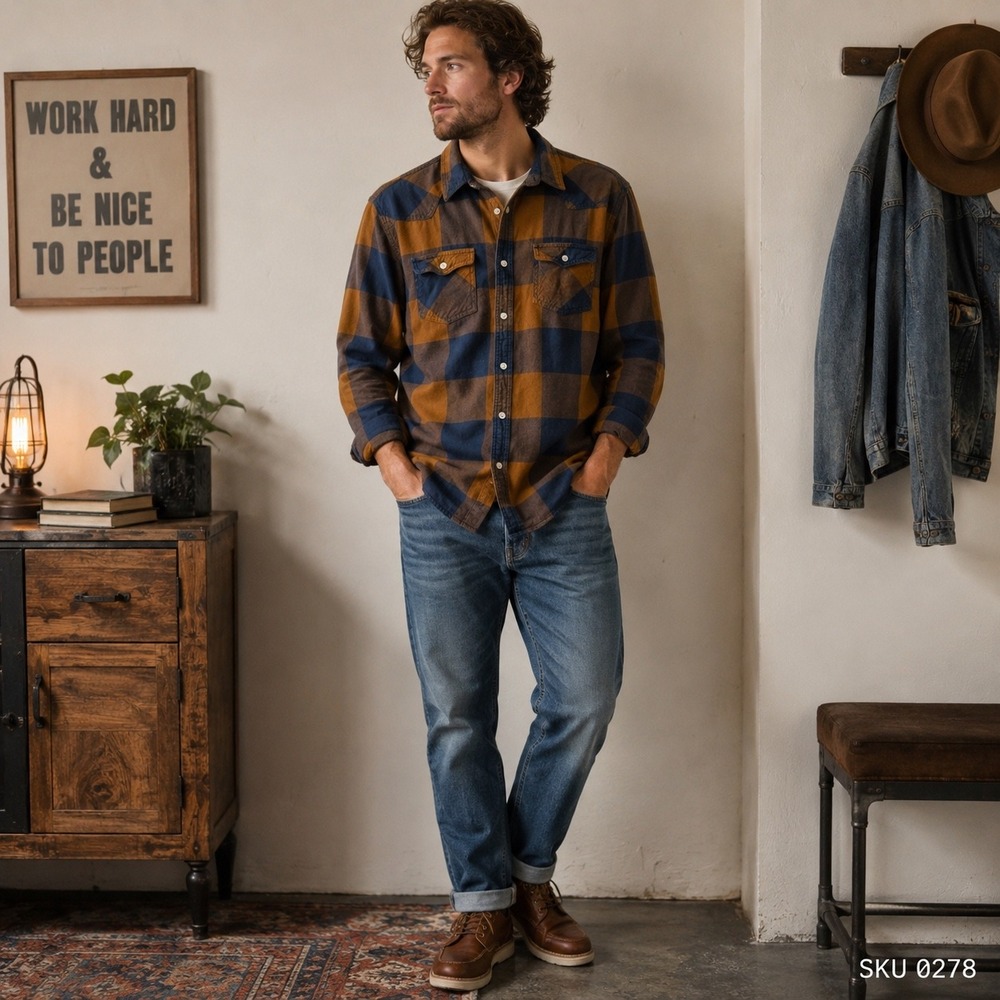Urban Pipeline Mens XL Flannel Shirt Brown Navy Blue Buffalo Check Western 0278